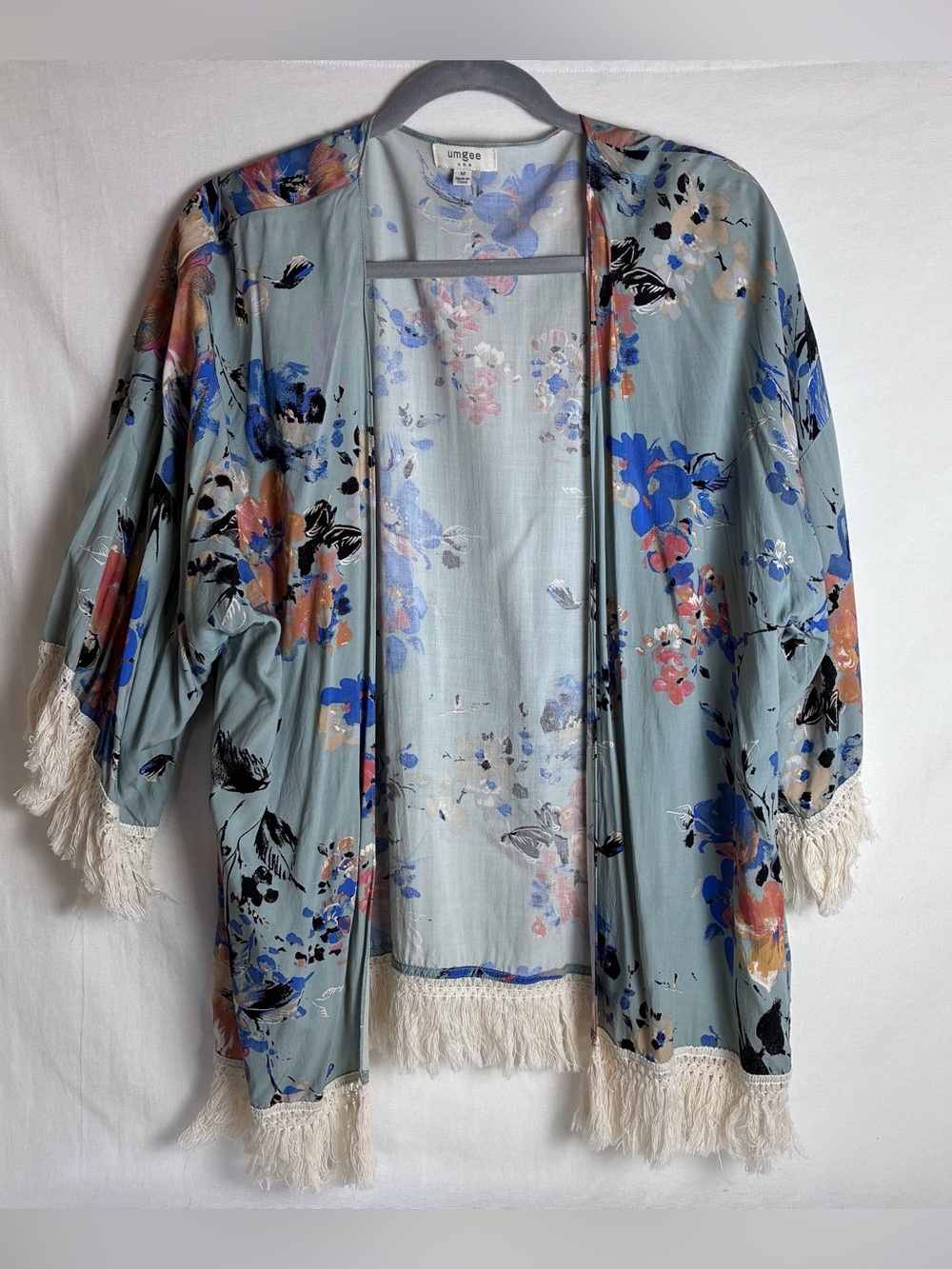 Umgee Floral Kimono Cardigan Medium Blue Fringe Hem Open Front Boho Summer Top